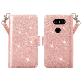 LG V30 Case, V30 Plus, [Wrist Strap] Glitter Faux Leather Flip [Kickstand Feature] Protective Wallet Wristlet Cover - Rose Gold