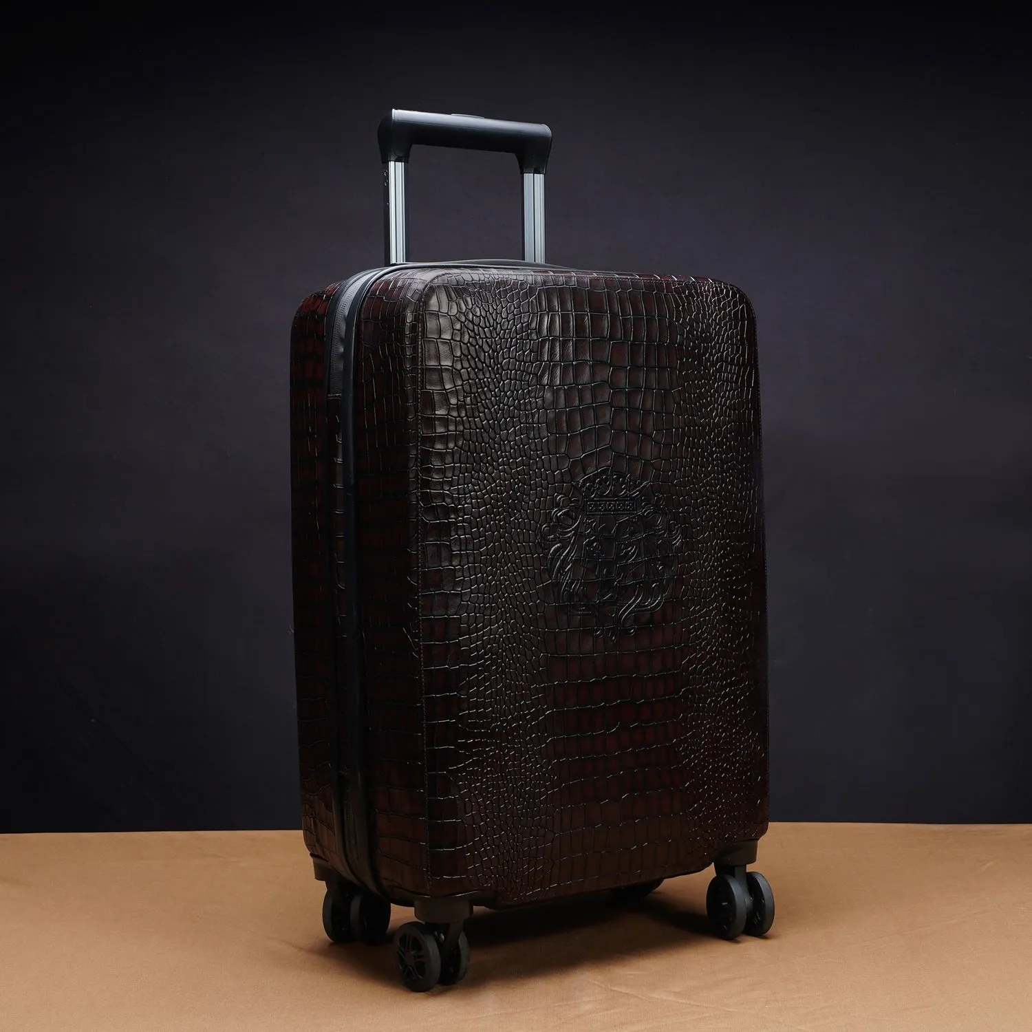 Light Weight Cabin Luggage Dark Brown Croco Textured Leather Trolley bag (360 Rotation)