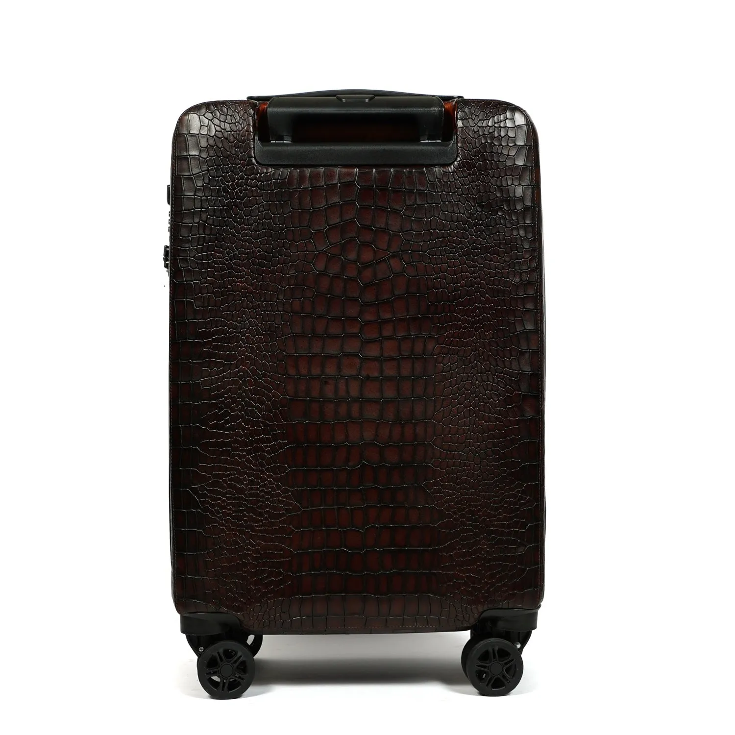 Light Weight Cabin Luggage Dark Brown Croco Textured Leather Trolley bag (360 Rotation)