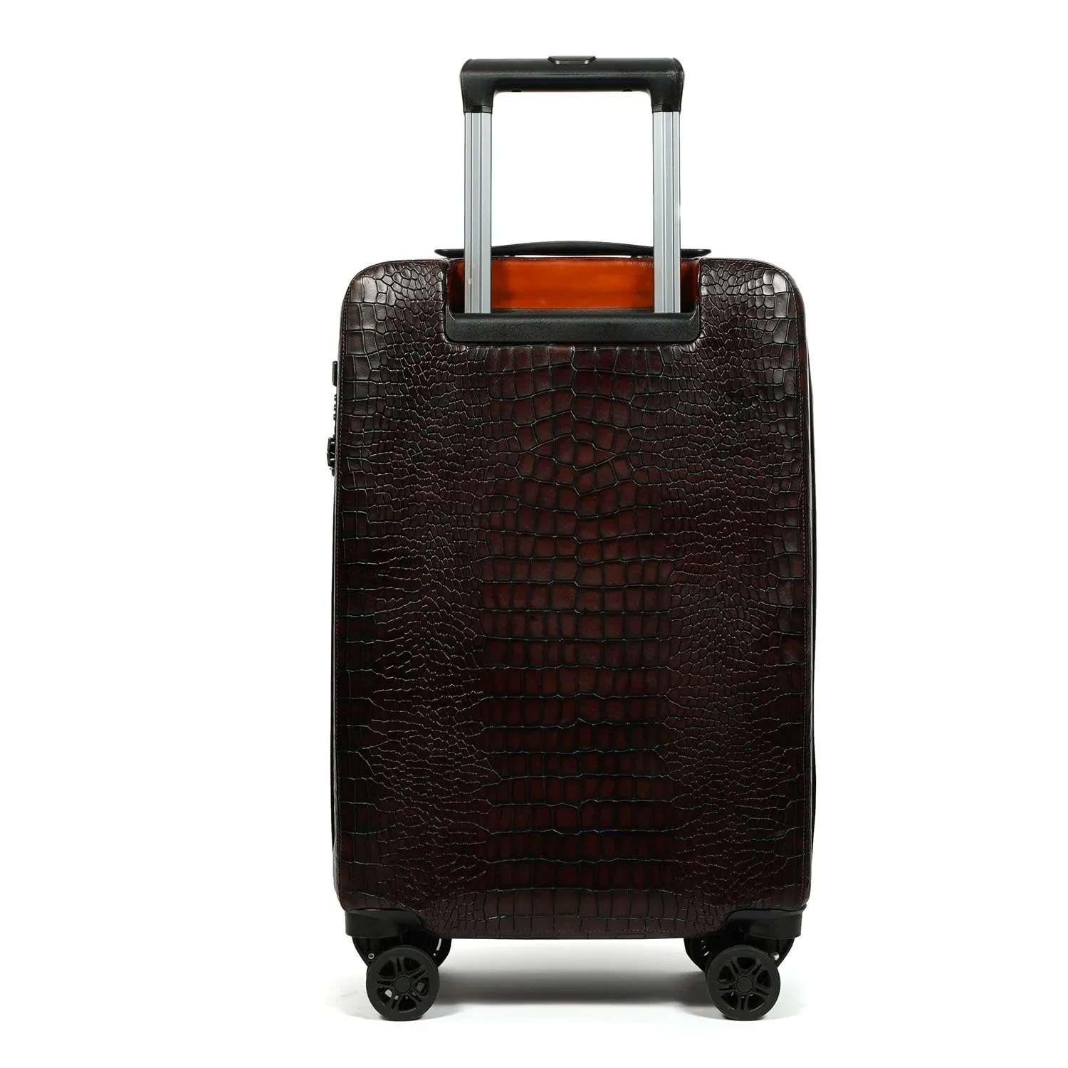 Light Weight Cabin Luggage Dark Brown Croco Textured Leather Trolley bag (360 Rotation)