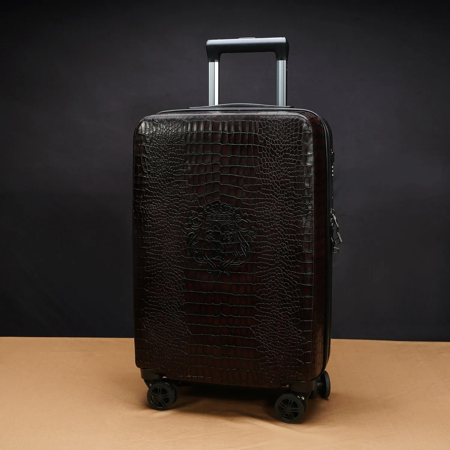 Light Weight Cabin Luggage Dark Brown Croco Textured Leather Trolley bag (360 Rotation)