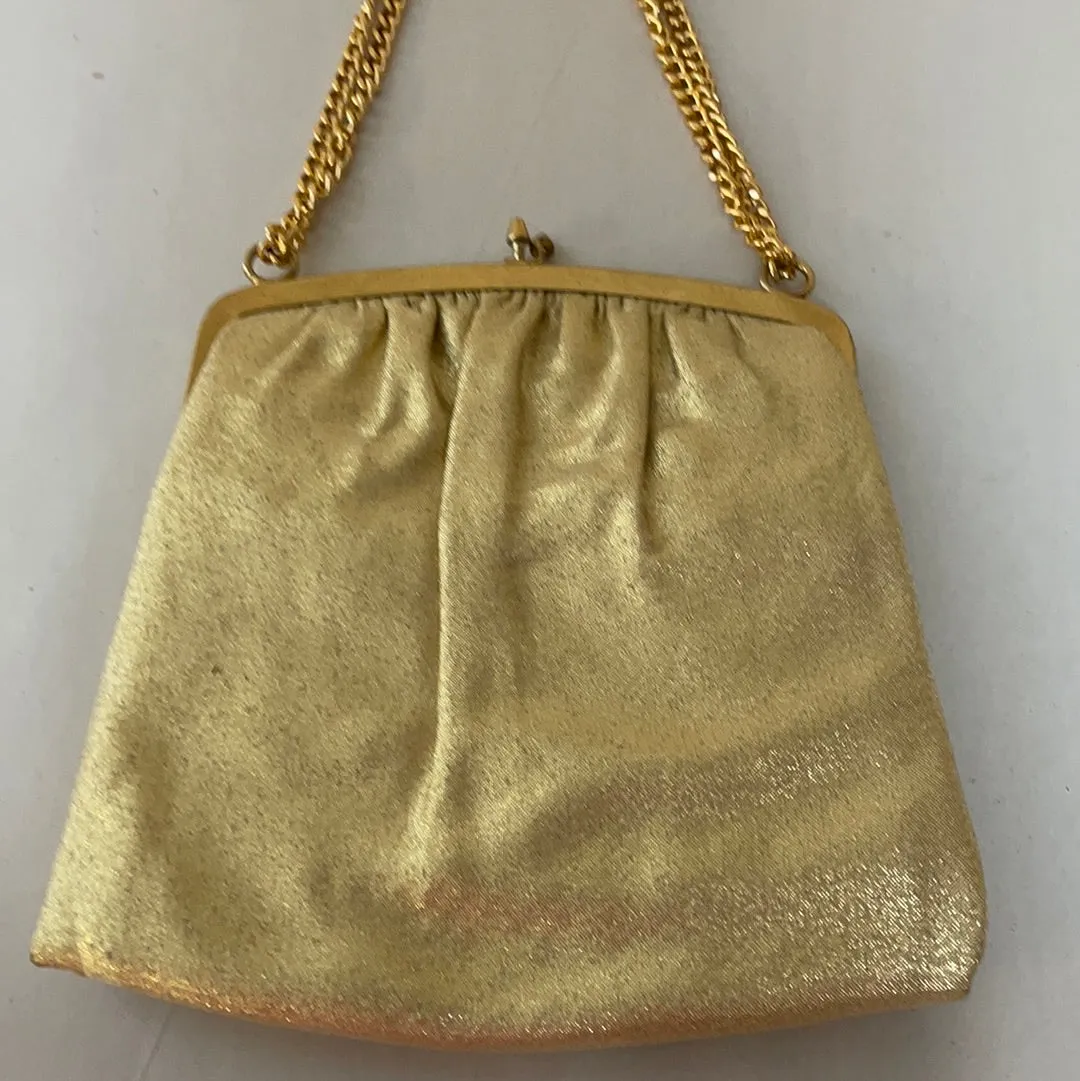 <€€ Vintage Metallic Gold Evening Bag Clasp Purse w/Chain Lined