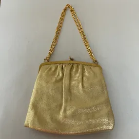 <€€ Vintage Metallic Gold Evening Bag Clasp Purse w/Chain Lined