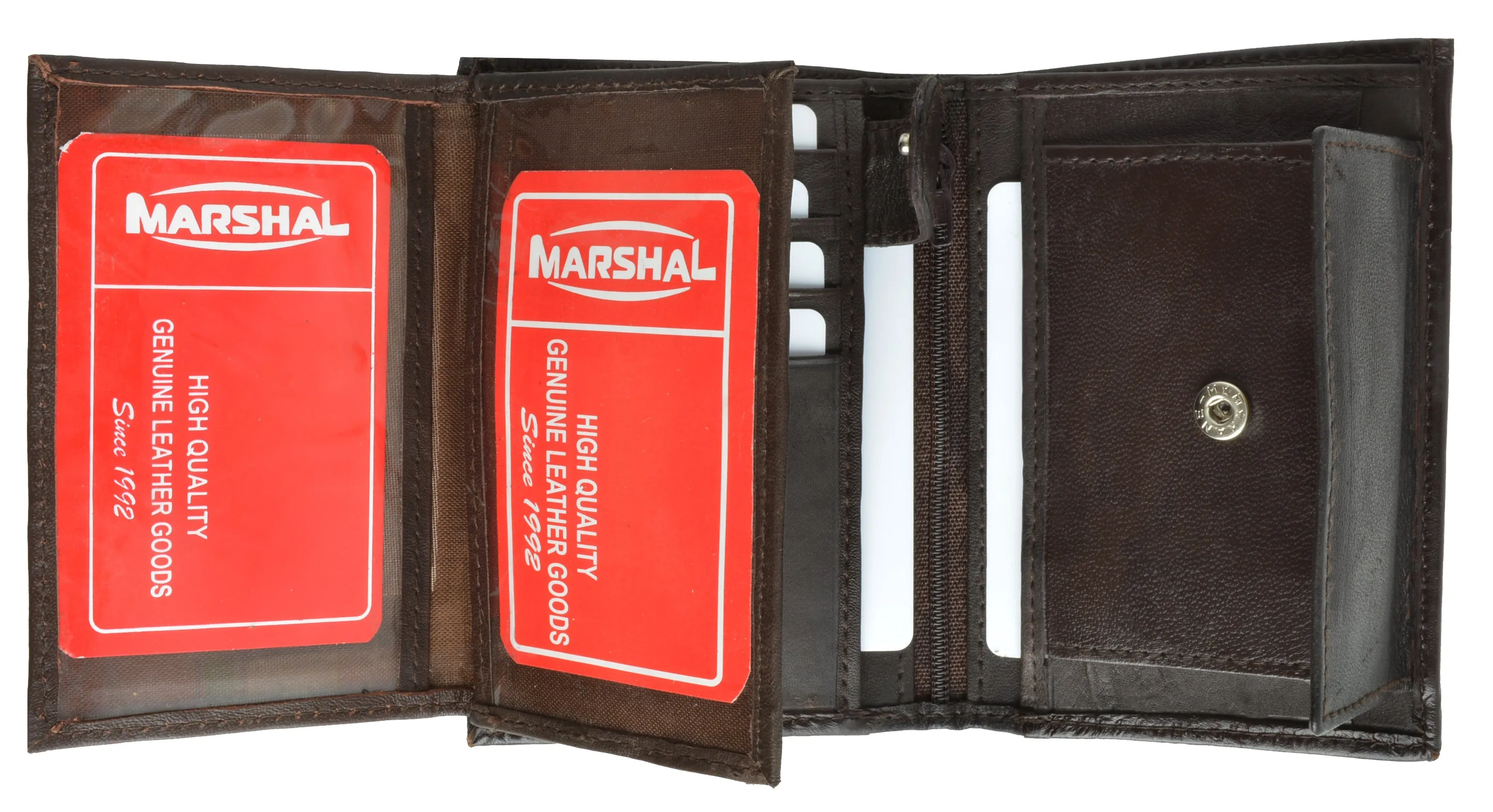 Marshal Mens Trifold Wallet 3 ID Slots Coin Pocket Hipster Premium Leather Brown