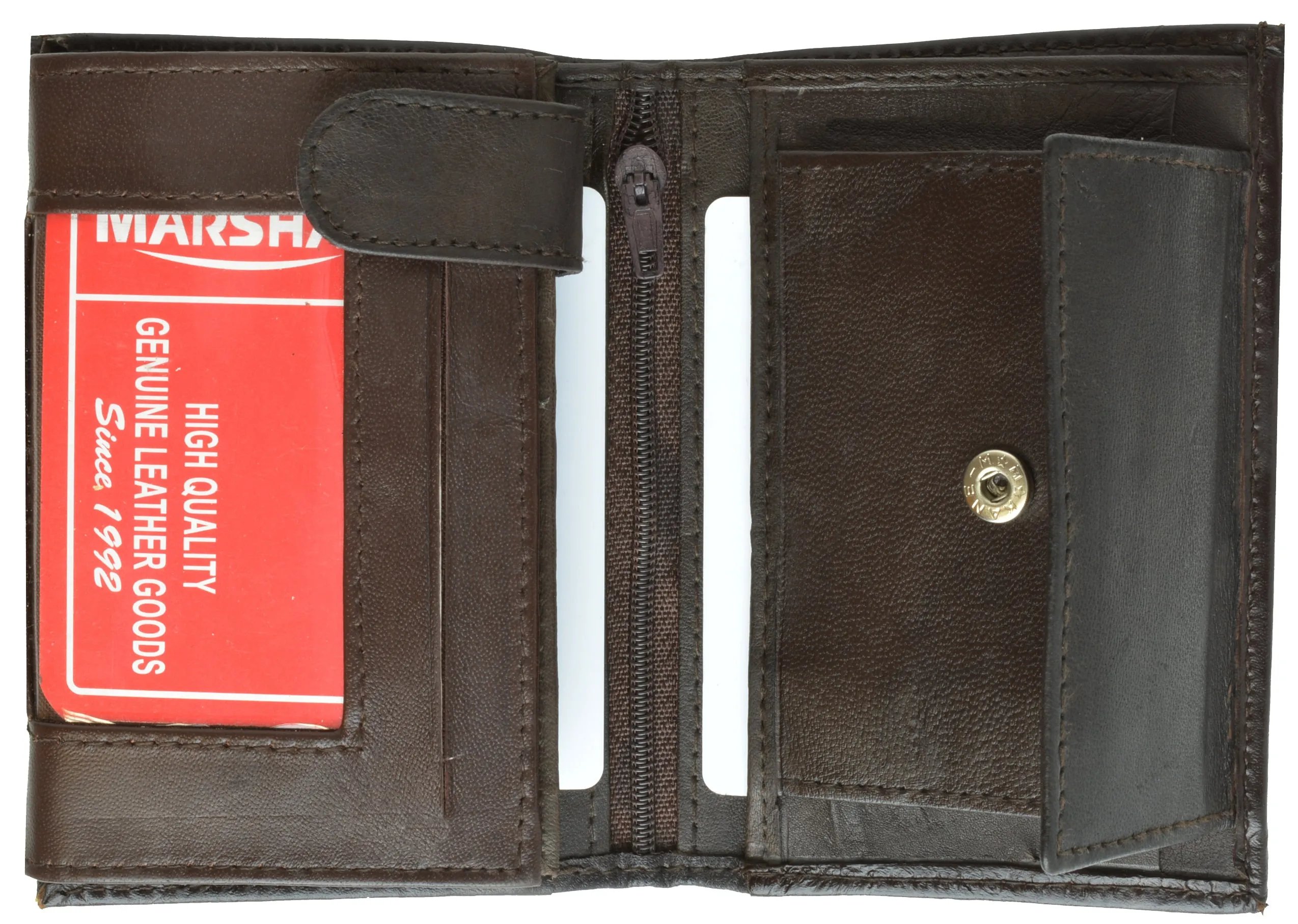 Marshal Mens Trifold Wallet 3 ID Slots Coin Pocket Hipster Premium Leather Brown