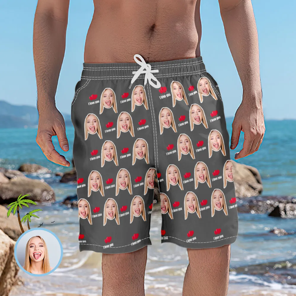 Men's Custom Face Elastic Beach Short Pants - I Love You