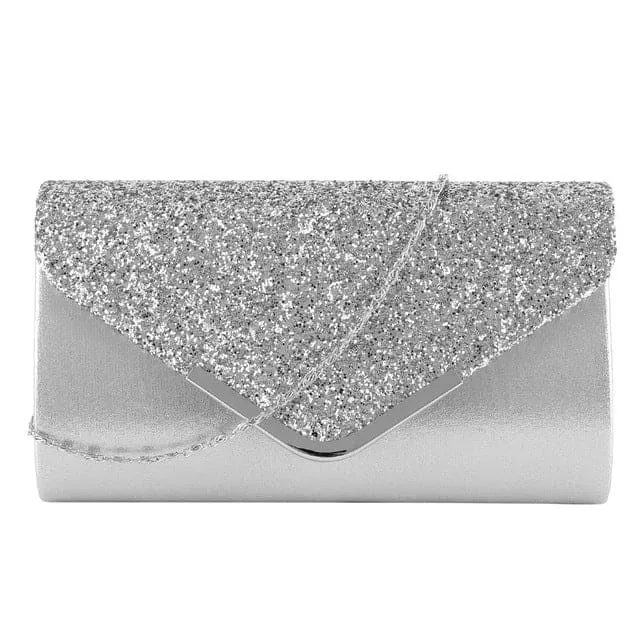 Metal Decor Satin Glitter Chain Clutch Bag