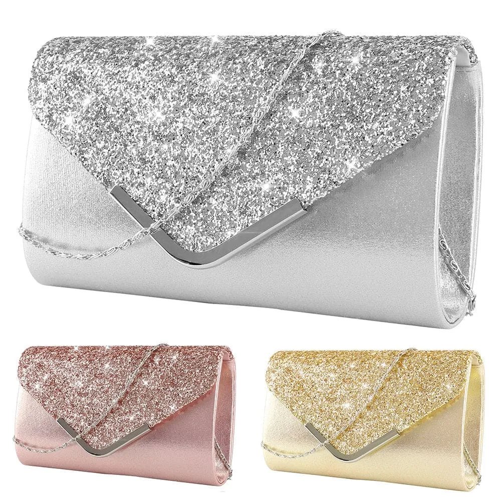 Metal Decor Satin Glitter Chain Clutch Bag