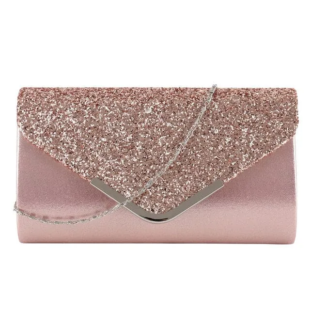 Metal Decor Satin Glitter Chain Clutch Bag