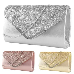 Metal Decor Satin Glitter Chain Clutch Bag