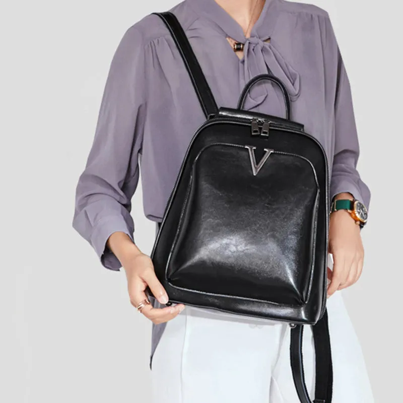 Oil Wax Genuine Leather Women Backpack Cowhide Shoulder Bag