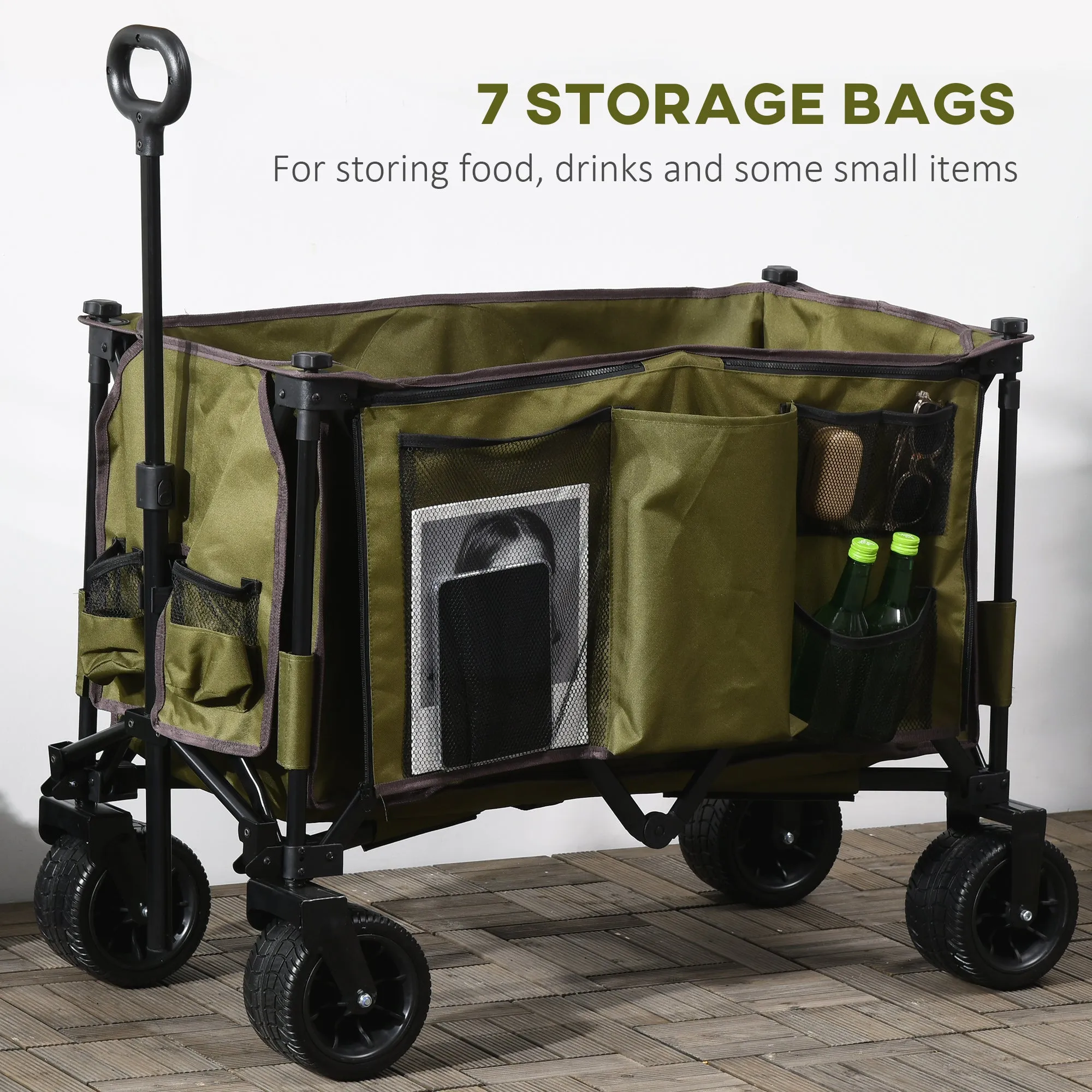 Outsunny Folding Wagon Garten Cart Collapsible Camping Trolley on Wheels, Green