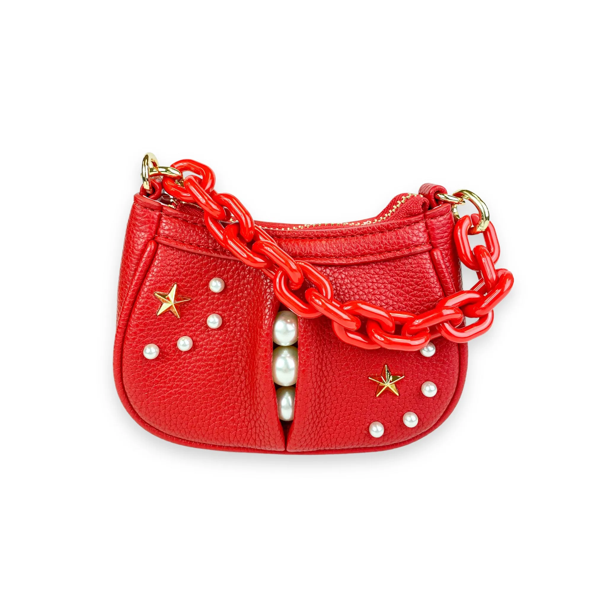 Pearl Studs Mini Leather Shoulder Bag in Red