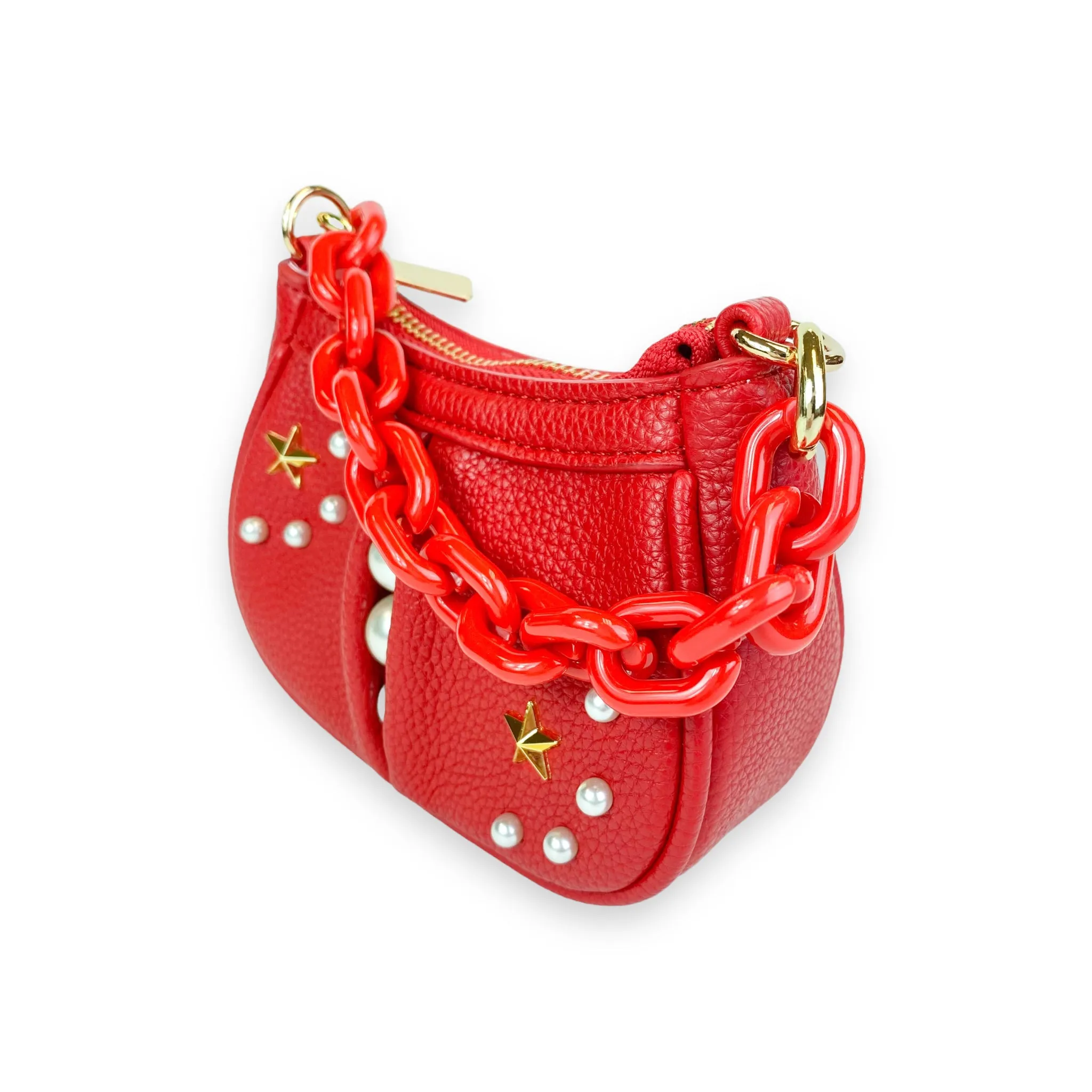 Pearl Studs Mini Leather Shoulder Bag in Red