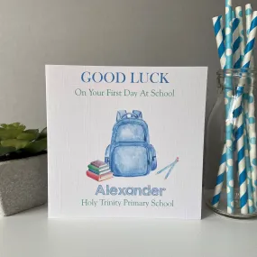 Personalised Boys Good Luck First Day At School Card Backpack Design