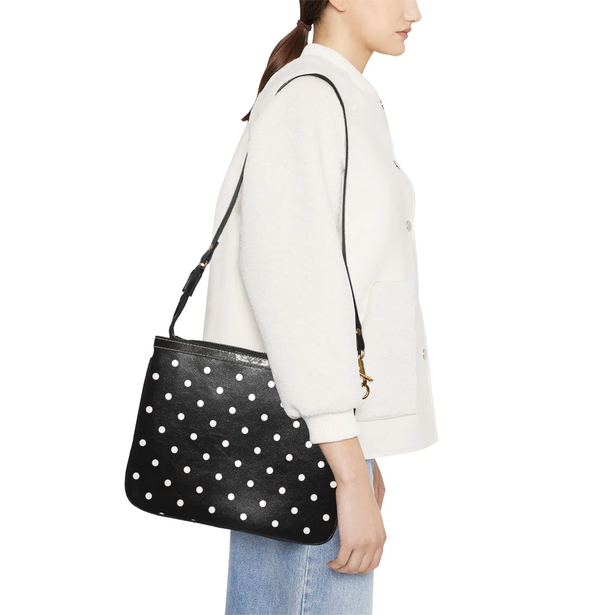 Polka Dot Small Leather Shoulder Bag, Black White Print Women Unique Cross Evening Travel Handmade Messenger Crossbody Zipper Purse