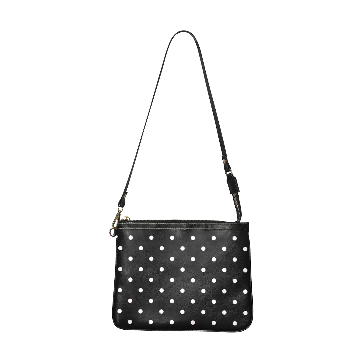 Polka Dot Small Leather Shoulder Bag, Black White Print Women Unique Cross Evening Travel Handmade Messenger Crossbody Zipper Purse