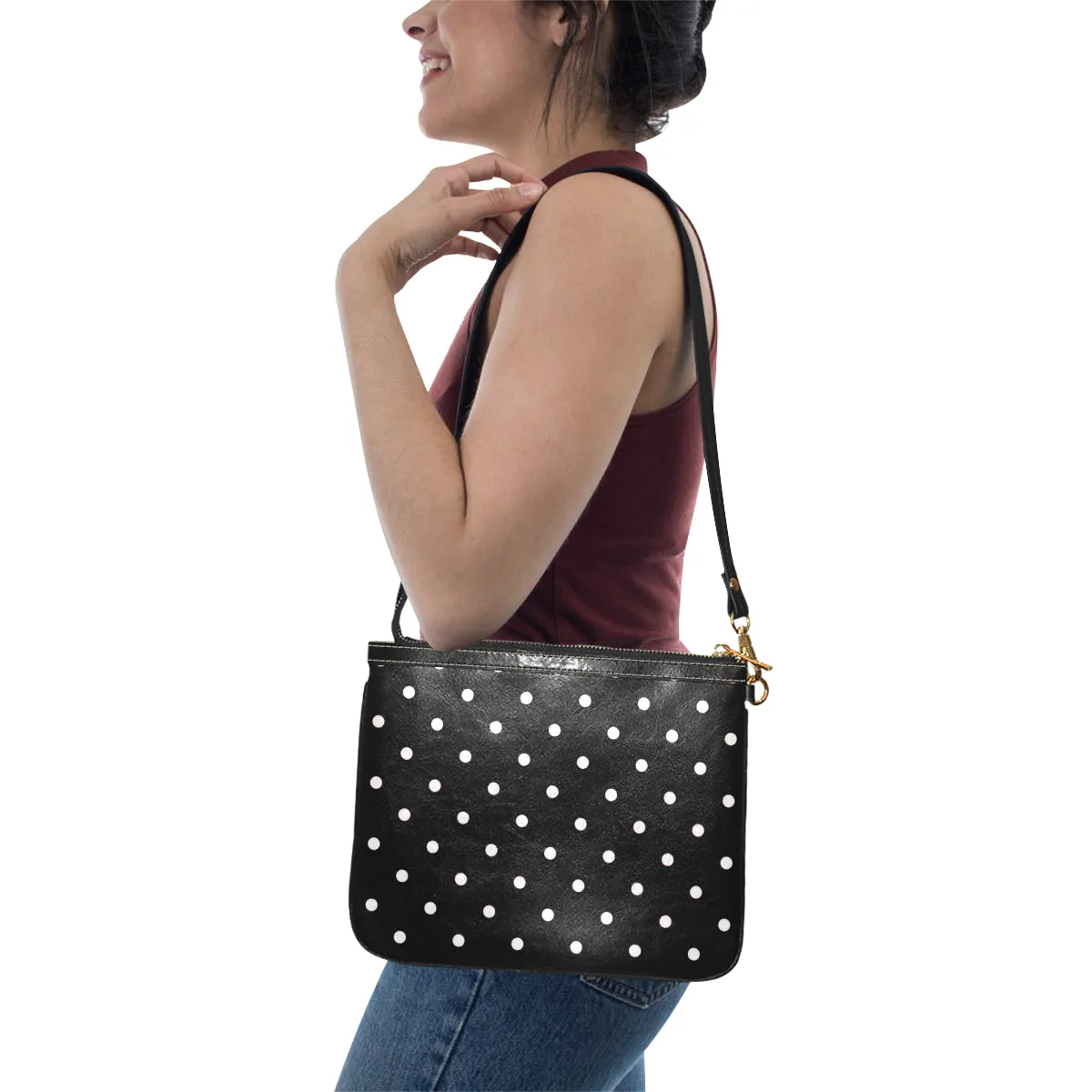 Polka Dot Small Leather Shoulder Bag, Black White Print Women Unique Cross Evening Travel Handmade Messenger Crossbody Zipper Purse