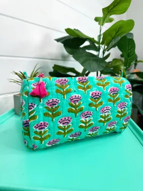 Quilted Cosmetic Bag- Aqua Floral