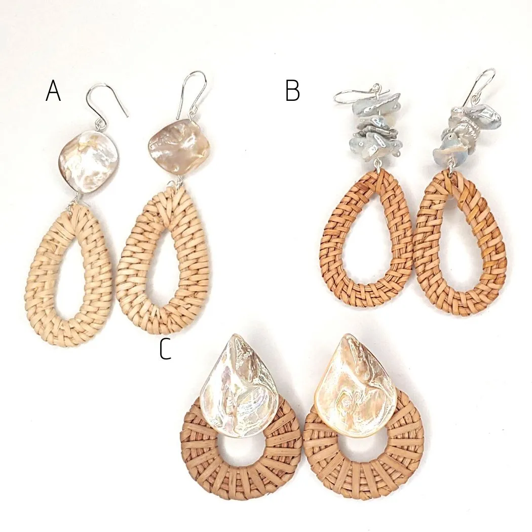 Rattan Earrings With Pearl or Shell CHOICE