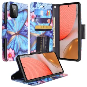 Samsung Galaxy A72 5G Case, Galaxy A72 5G Wallet Case, Wrist Strap Pu Leather Wallet Case [Kickstand] with ID & Credit Card Slots - Blue Butterfly