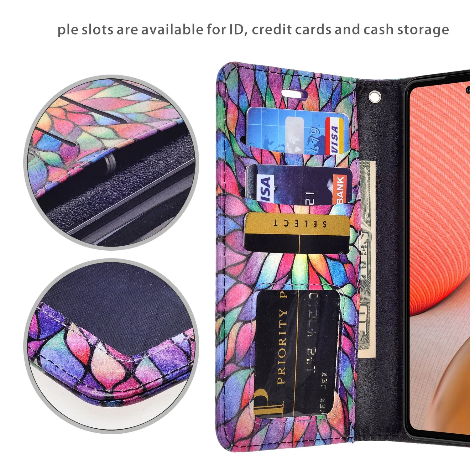 Samsung Galaxy A72 5G Case, Galaxy A72 5G Wallet Case, Wrist Strap Pu Leather Wallet Case [Kickstand] with ID & Credit Card Slots - Rainbow Flower