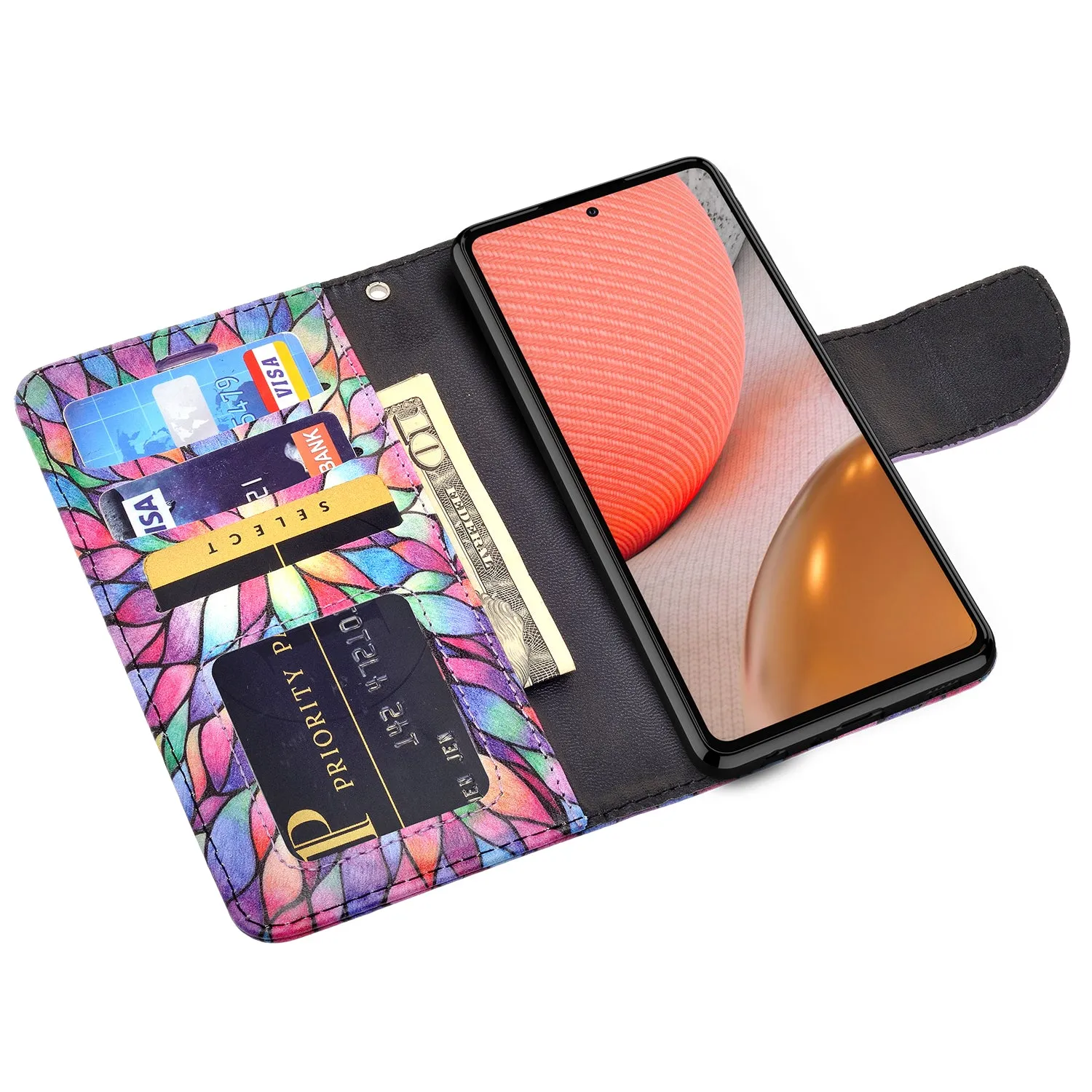 Samsung Galaxy A72 5G Case, Galaxy A72 5G Wallet Case, Wrist Strap Pu Leather Wallet Case [Kickstand] with ID & Credit Card Slots - Rainbow Flower