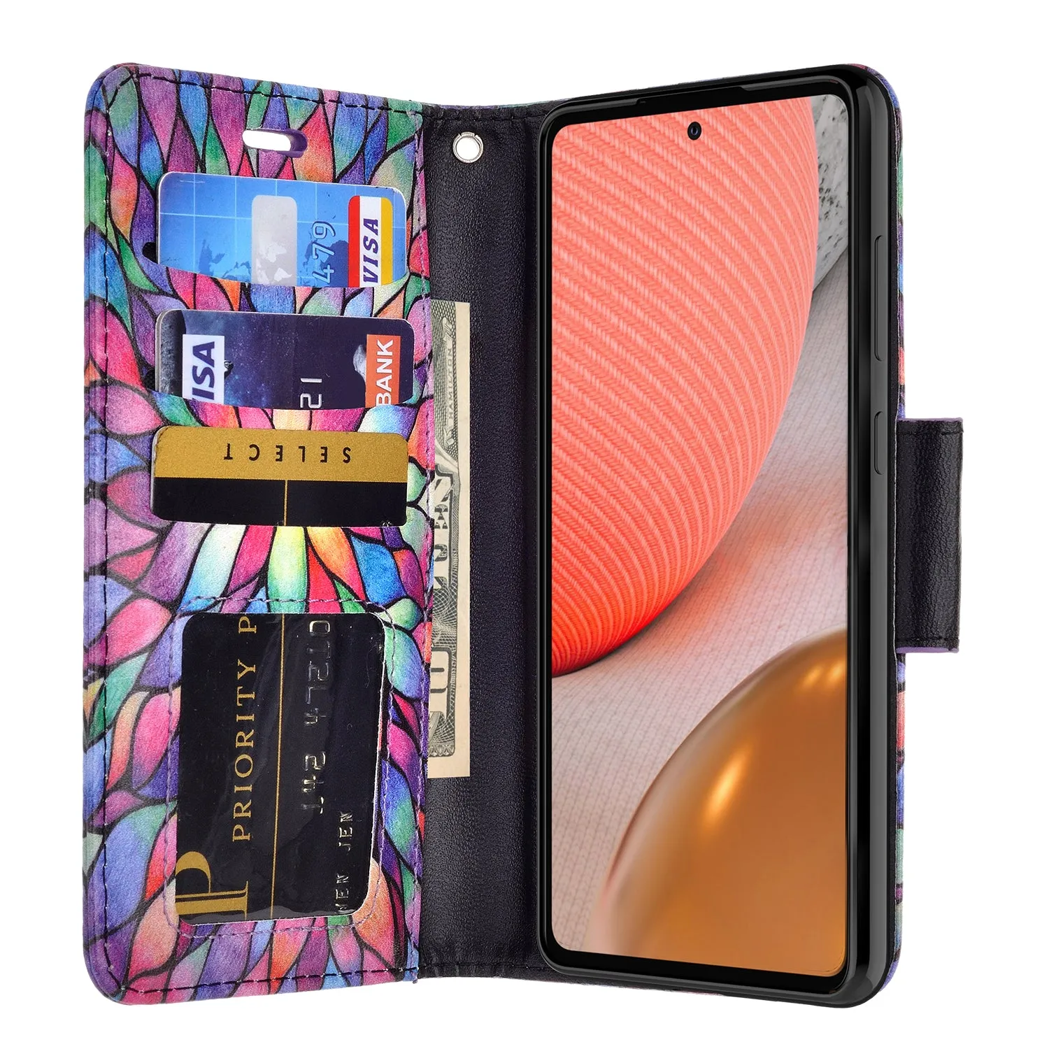 Samsung Galaxy A72 5G Case, Galaxy A72 5G Wallet Case, Wrist Strap Pu Leather Wallet Case [Kickstand] with ID & Credit Card Slots - Rainbow Flower