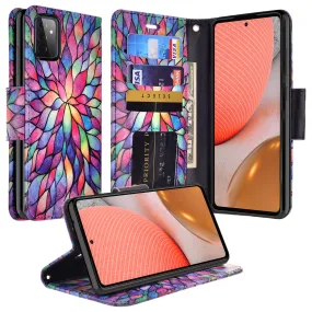 Samsung Galaxy A72 5G Case, Galaxy A72 5G Wallet Case, Wrist Strap Pu Leather Wallet Case [Kickstand] with ID & Credit Card Slots - Rainbow Flower