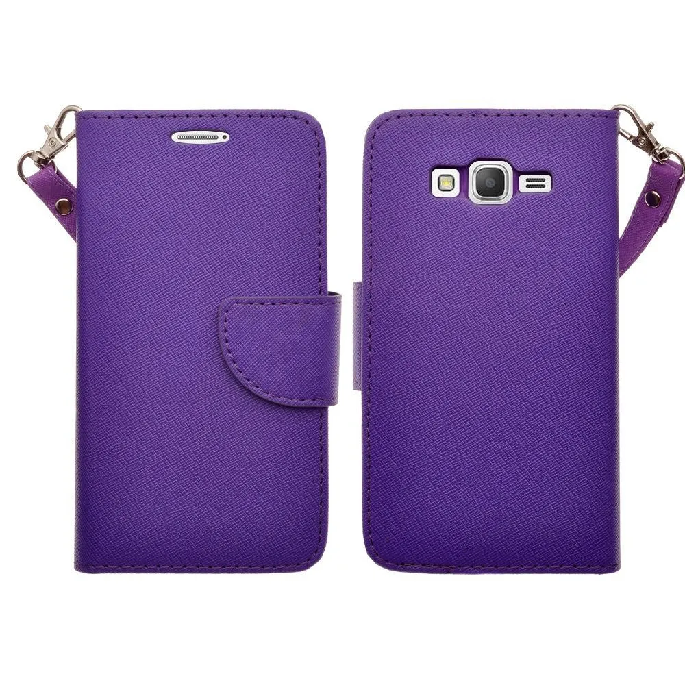 Samsung Galaxy Core Prime Wallet Case, Wrist Strap Flip [Kickstand] Pu Leather Wallet Case with ID & Credit Card Slot, Purple