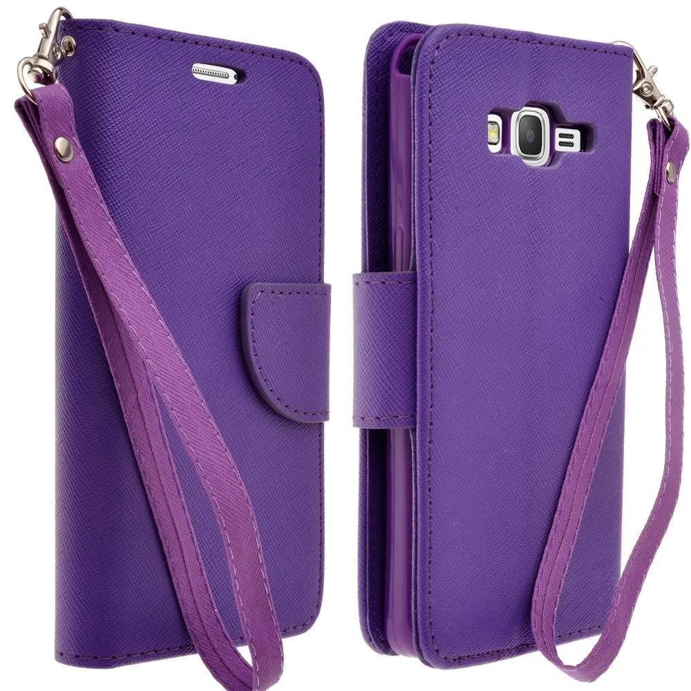 Samsung Galaxy Core Prime Wallet Case, Wrist Strap Flip [Kickstand] Pu Leather Wallet Case with ID & Credit Card Slot, Purple