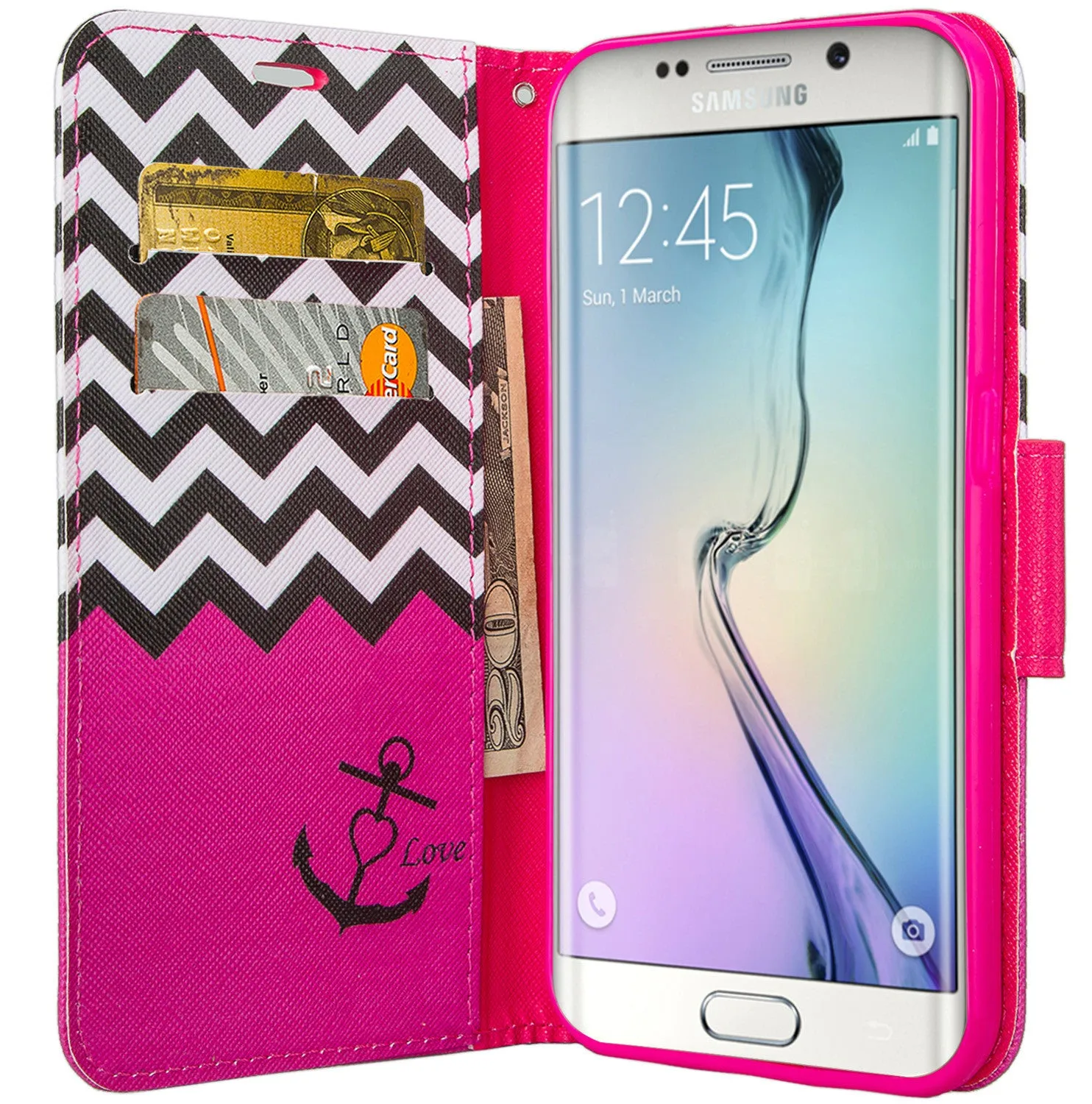 Samsung Galaxy S7 Wallet Case, Wrist Strap Pu Leather Magnetic Flip Fold[Kickstand] with ID & Card Slots for Galaxy S7 - Hot Pink Anchor