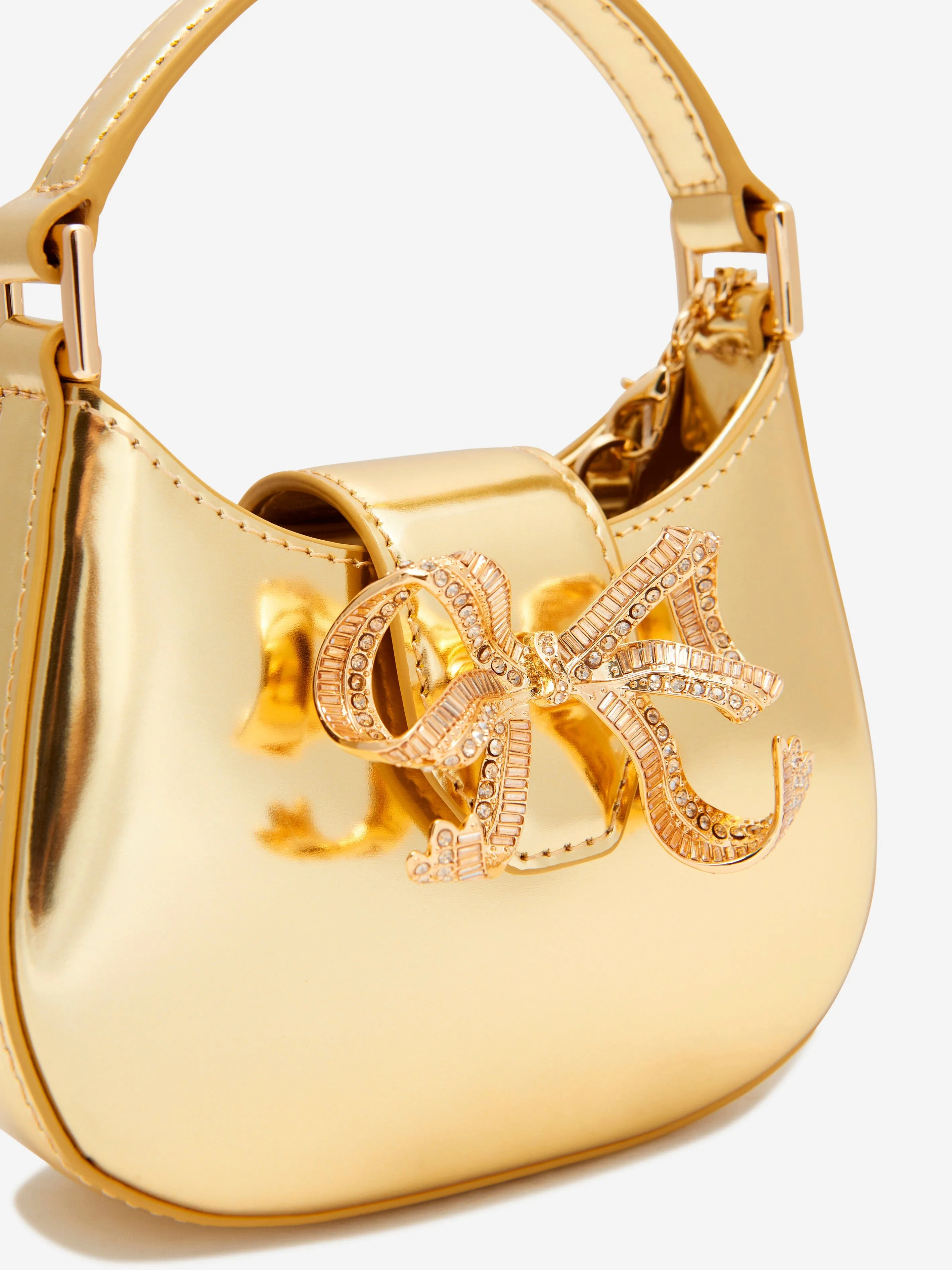 Self Portrait Girls Curved Bow Micro Shoulder Bag in Gold