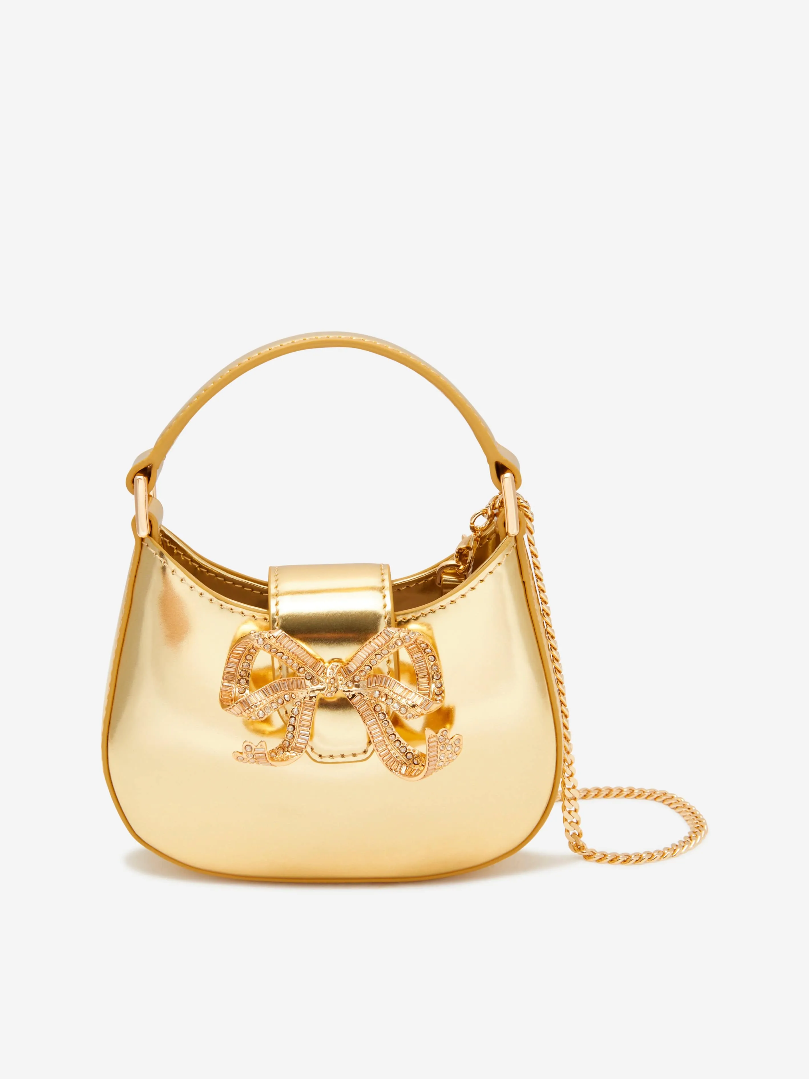 Self Portrait Girls Curved Bow Micro Shoulder Bag in Gold