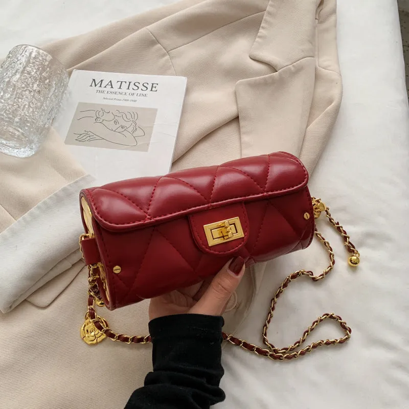 Small Fragrance Style Diamond Chain Bag Small Gold Ball Cylindrical Bag Retro Simple Camellia Shoulder Messenger Bag