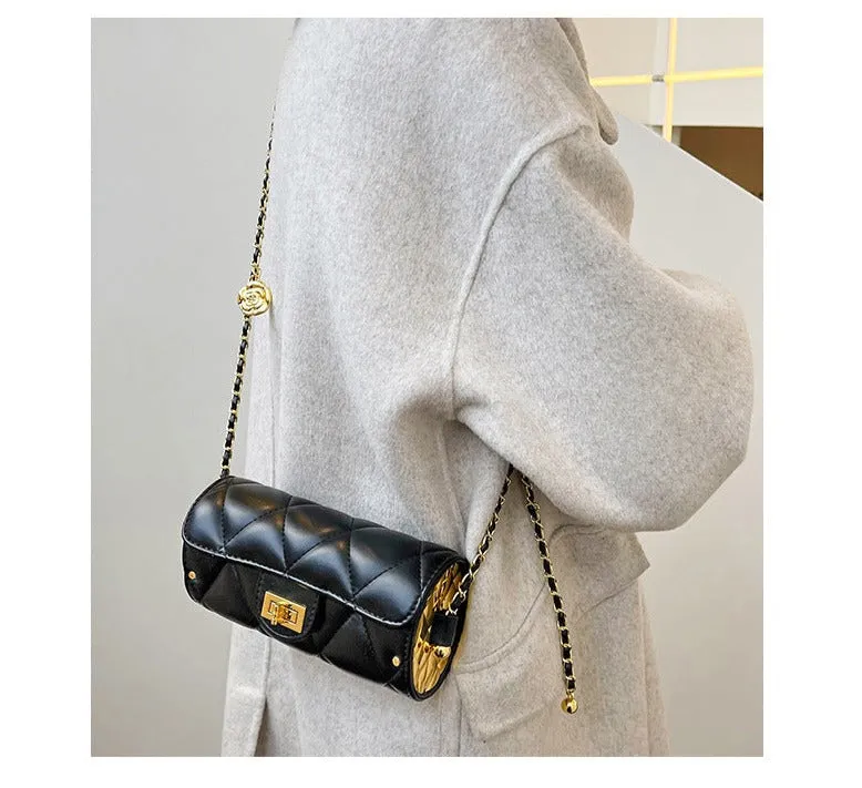 Small Fragrance Style Diamond Chain Bag Small Gold Ball Cylindrical Bag Retro Simple Camellia Shoulder Messenger Bag