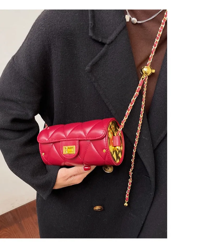 Small Fragrance Style Diamond Chain Bag Small Gold Ball Cylindrical Bag Retro Simple Camellia Shoulder Messenger Bag