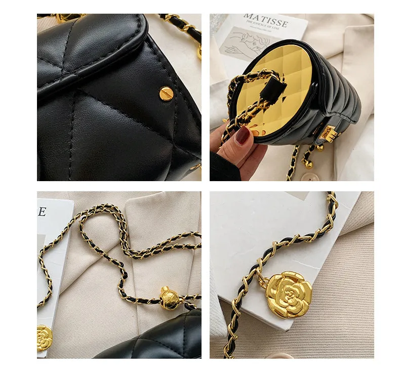 Small Fragrance Style Diamond Chain Bag Small Gold Ball Cylindrical Bag Retro Simple Camellia Shoulder Messenger Bag