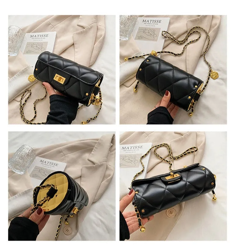 Small Fragrance Style Diamond Chain Bag Small Gold Ball Cylindrical Bag Retro Simple Camellia Shoulder Messenger Bag