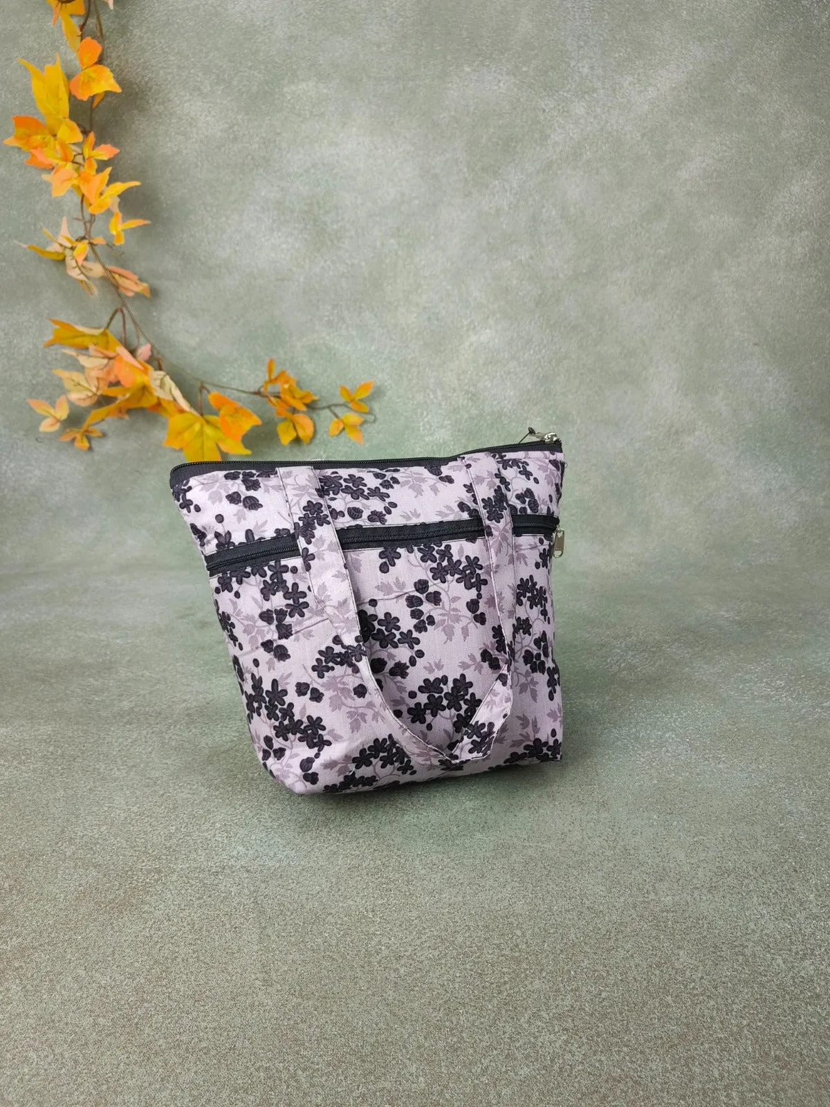 Small Handbag Ash Grey with Black Floral Prints