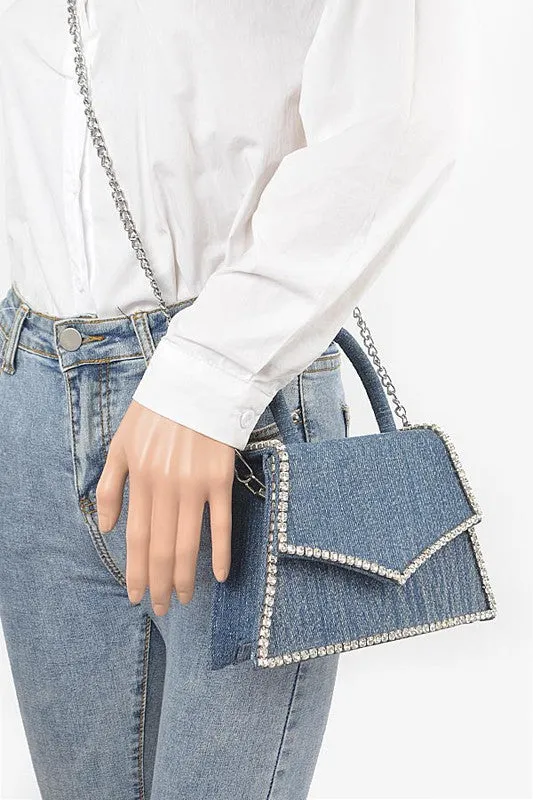 TEEK - Rhinestone Accent Denim Top Handle Clutch Bag