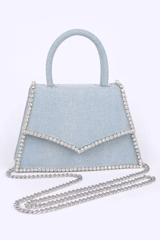 TEEK - Rhinestone Accent Denim Top Handle Clutch Bag