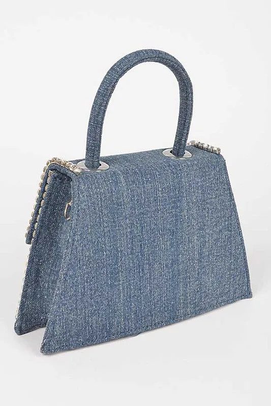 TEEK - Rhinestone Accent Denim Top Handle Clutch Bag