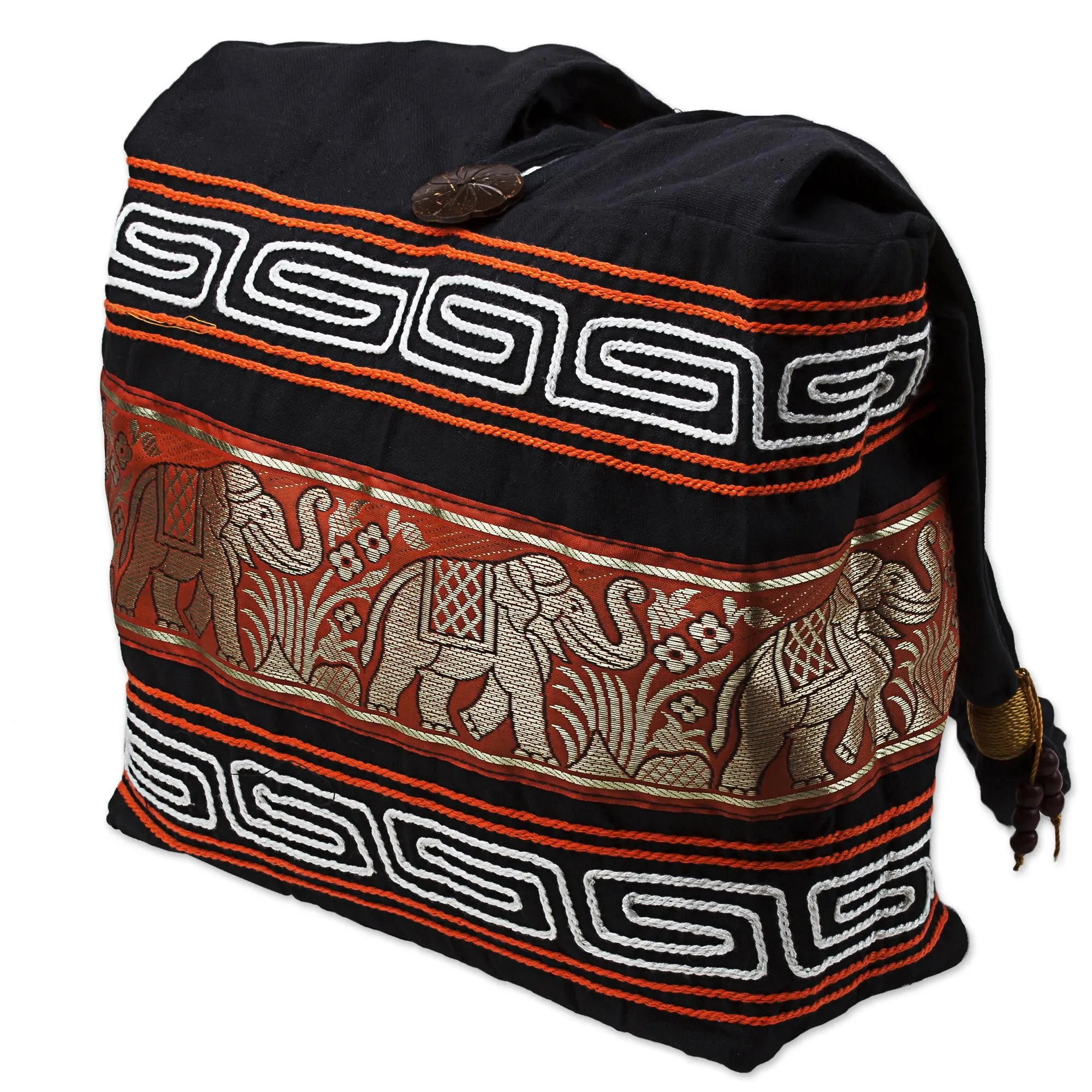 Thai Elephants in Vermilion Cotton Blend Shoulder Bag