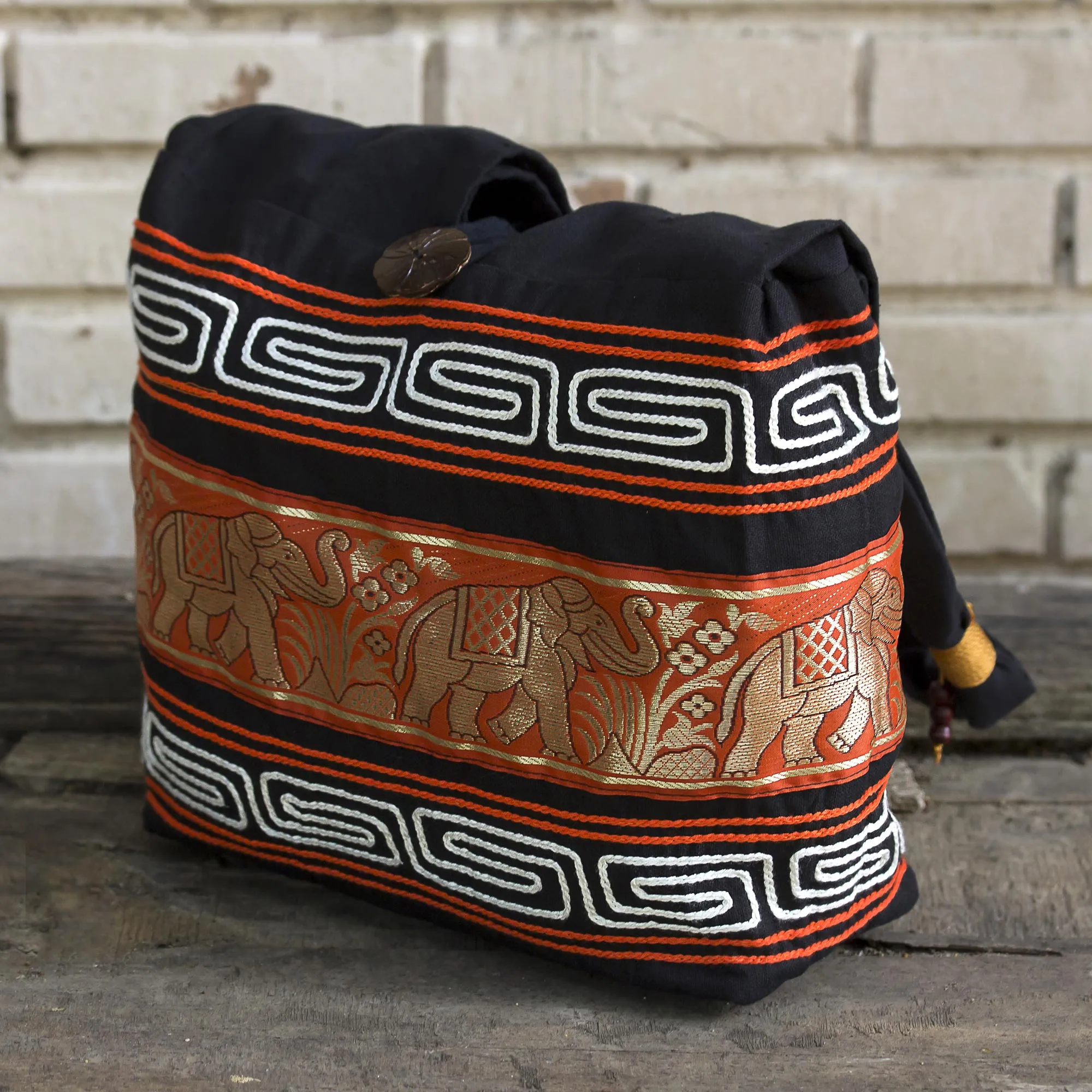 Thai Elephants in Vermilion Cotton Blend Shoulder Bag