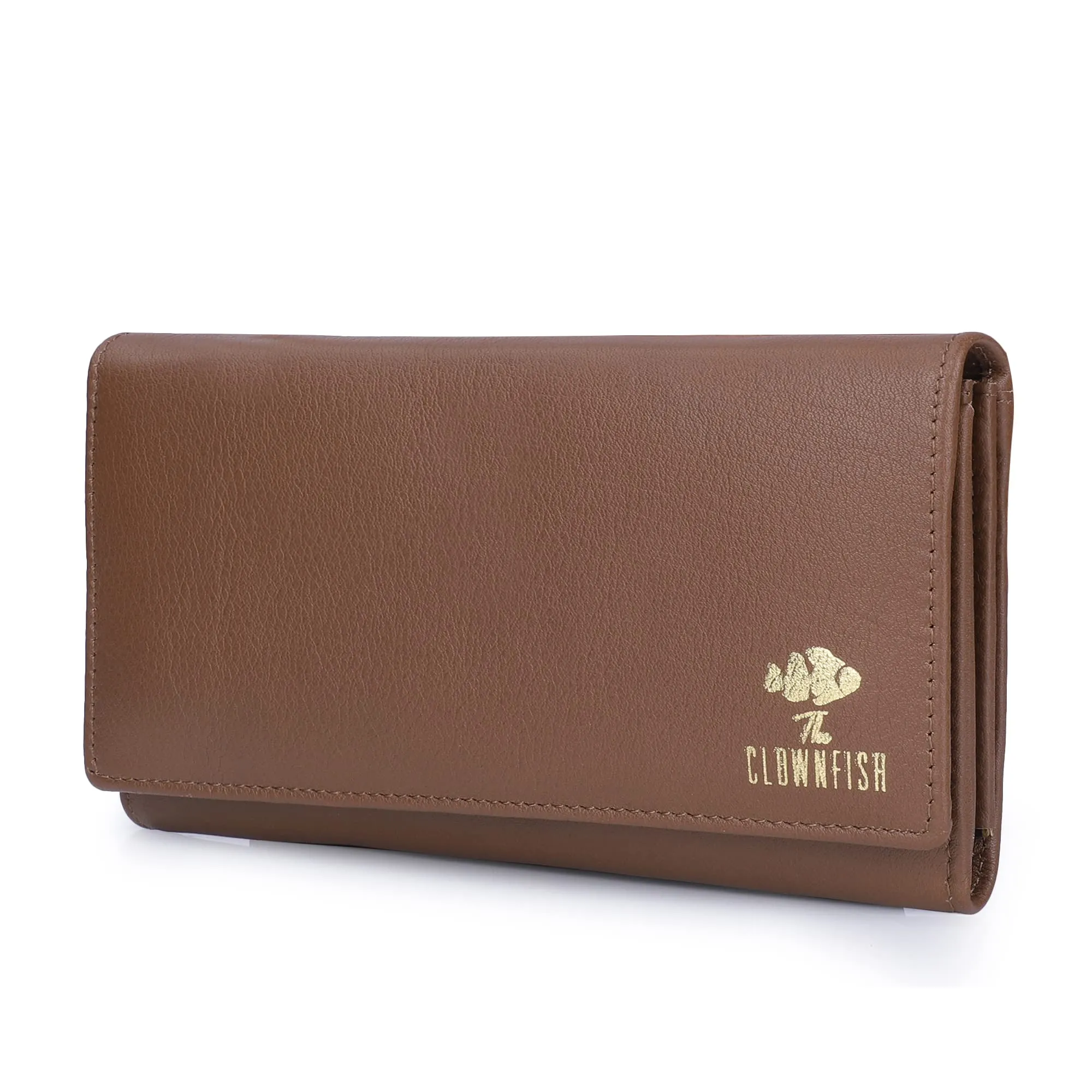 THE CLOWNFISH Elsa Collection Genuine Leather Tri-Fold Womens Wallet Clutch Ladies Purse with Multiple Card Slots & ID Card Windows (Dark Brown)