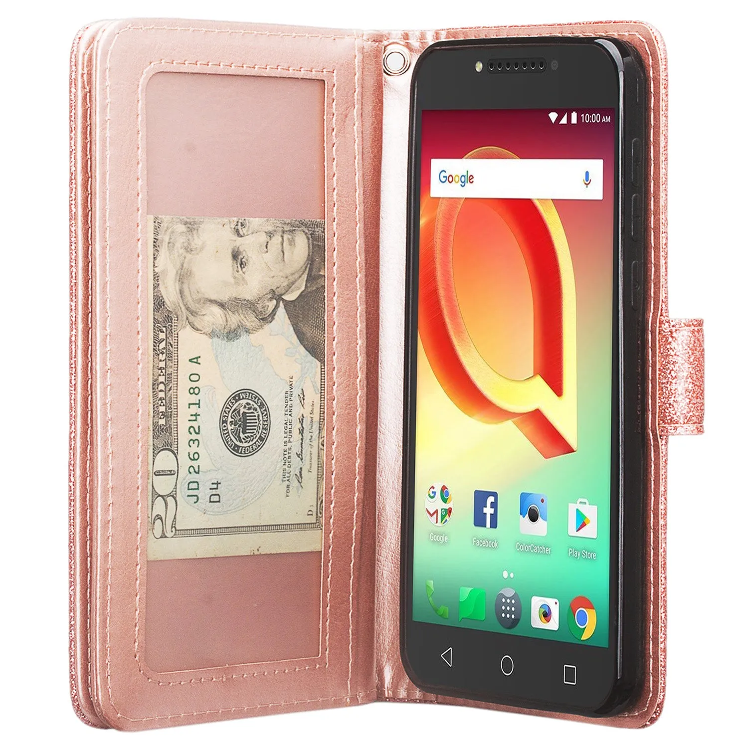 Tmobile REVVL, Alcatel A30 Plus, A30 Fierce, Alcatel Walters Case, Wrist Strap Glitter Bling Faux Leather Flip [Kickstand] Wallet Cover - Rose Gold