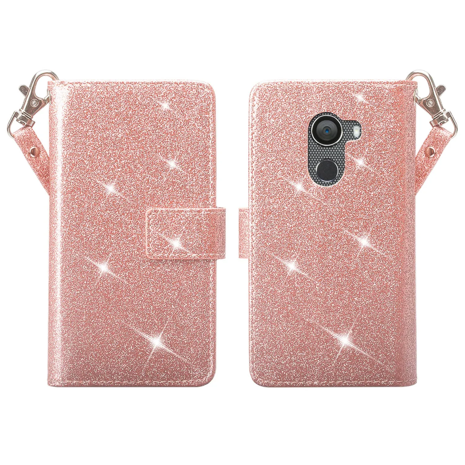 Tmobile REVVL, Alcatel A30 Plus, A30 Fierce, Alcatel Walters Case, Wrist Strap Glitter Bling Faux Leather Flip [Kickstand] Wallet Cover - Rose Gold