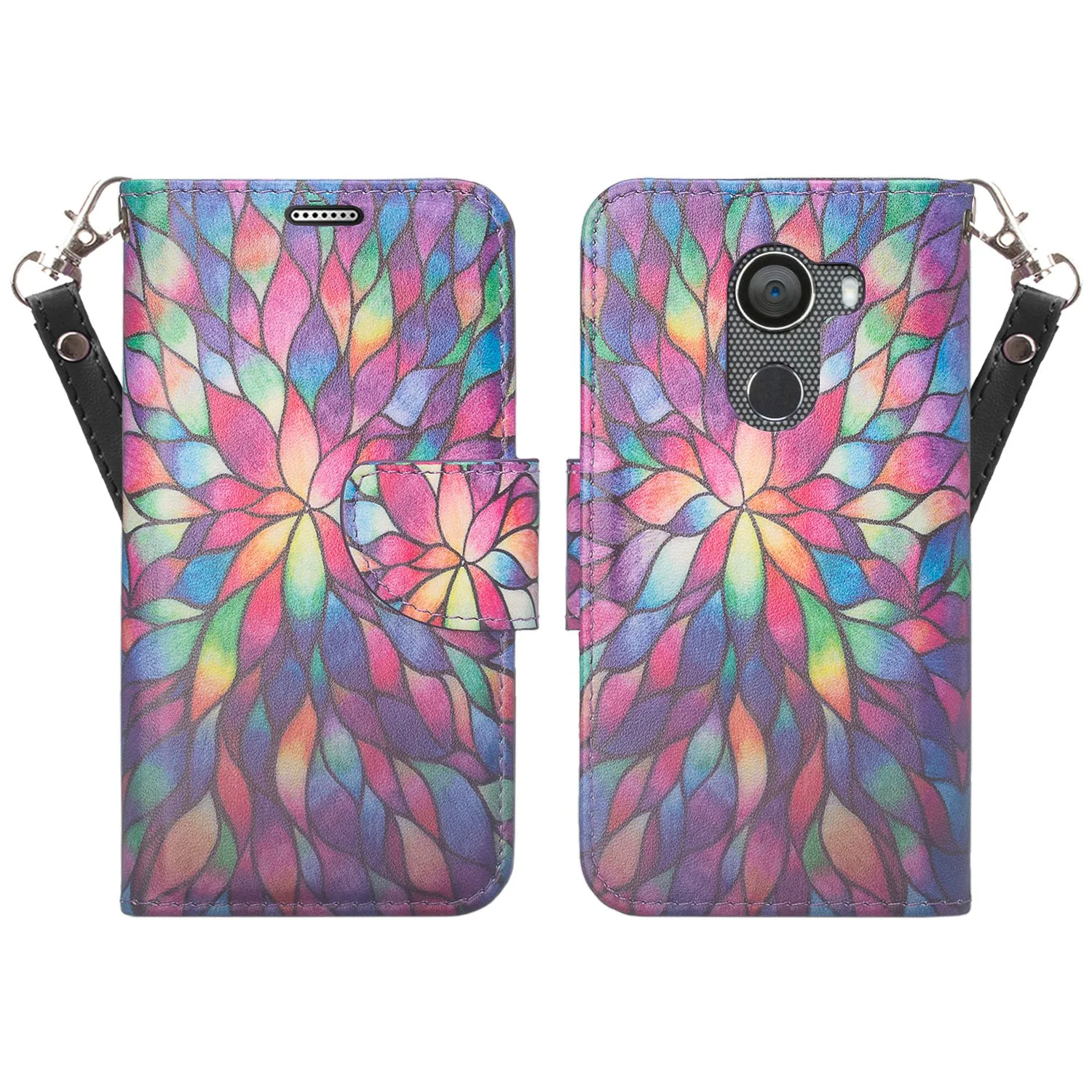 Tmobile REVVL, Alcatel A30 Plus, A30 Fierce, Alcatel Walters Case, Wrist Strap Pu Leather Wallet Flip [Kickstand] Cover with ID & Credit Card Slots - Rainbow Flower