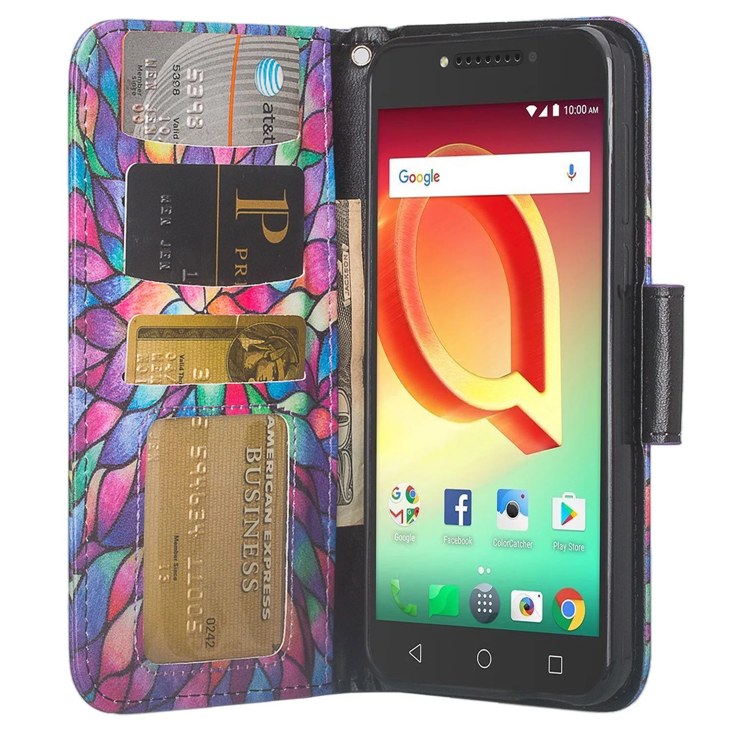 Tmobile REVVL, Alcatel A30 Plus, A30 Fierce, Alcatel Walters Case, Wrist Strap Pu Leather Wallet Flip [Kickstand] Cover with ID & Credit Card Slots - Rainbow Flower